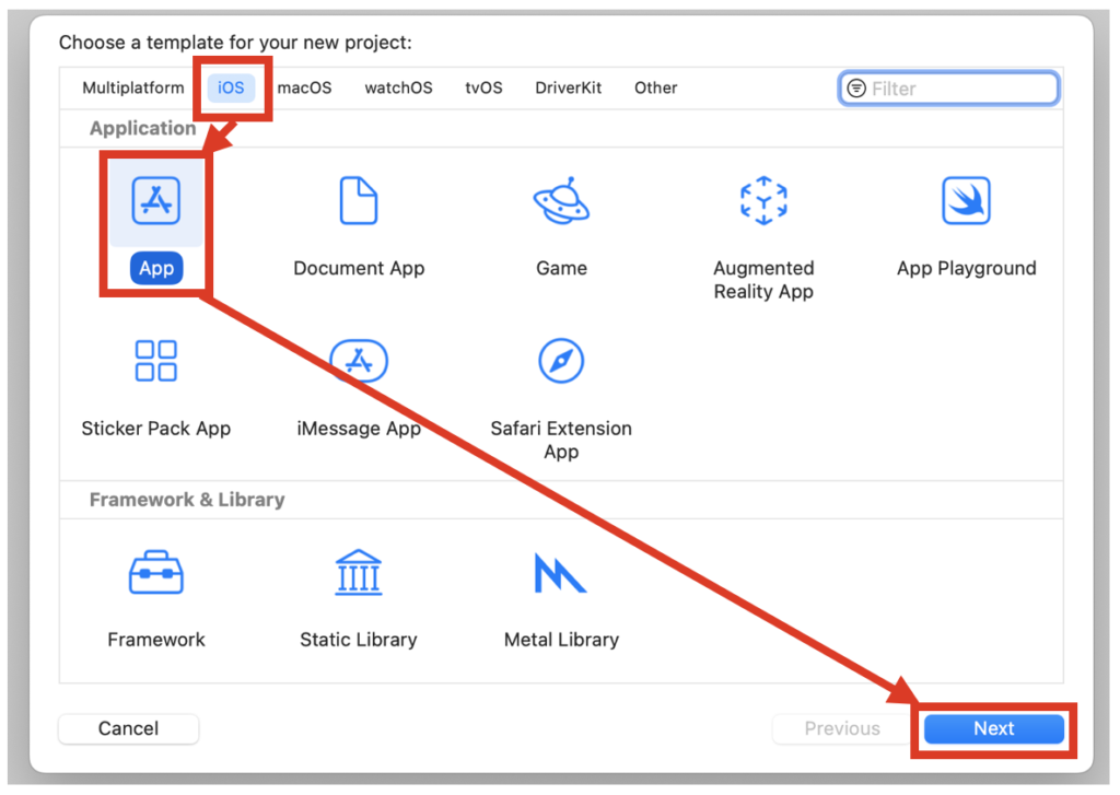 iOSアプリのテンプレートを選択