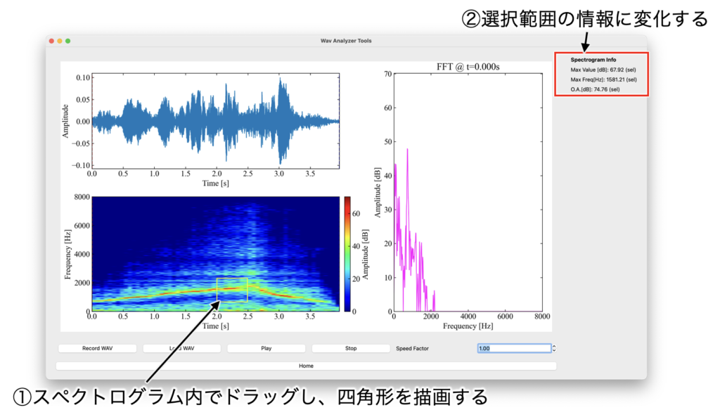 スペクトログラムの中でドラッグして選択範囲内の計算を行う